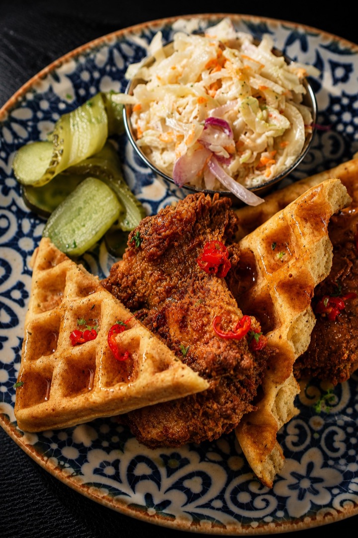 Chicken and waffles from the Sunday brunch menu at The Carbon Bar